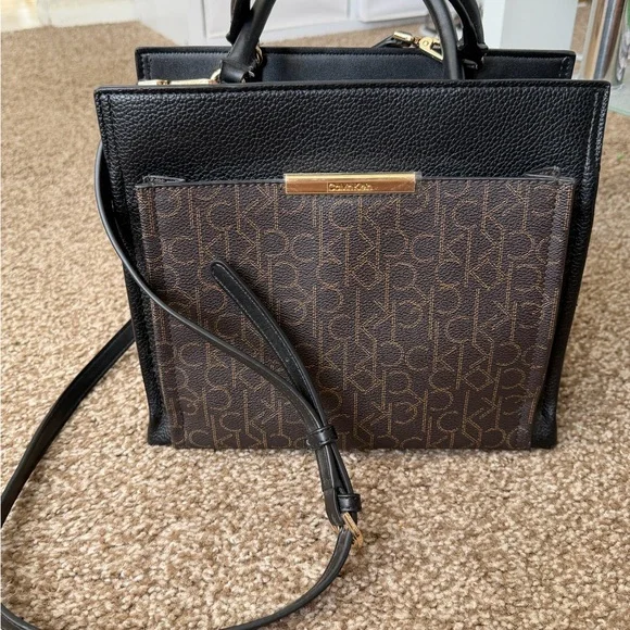 Calvin Klein Black Leather Satchel with Brown Monogram Front - Picture 2 of 4